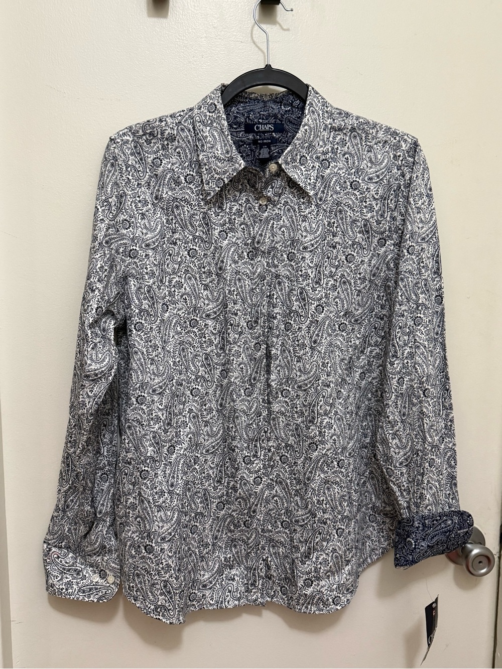 Chaps Women’s Navy & White Paisley Button-Down Shirt with Decorative Cuffs